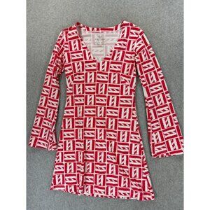 Mahi Gold Summer Beach Long Sleeve Tunic Dress (Women's X-Small) Red/White